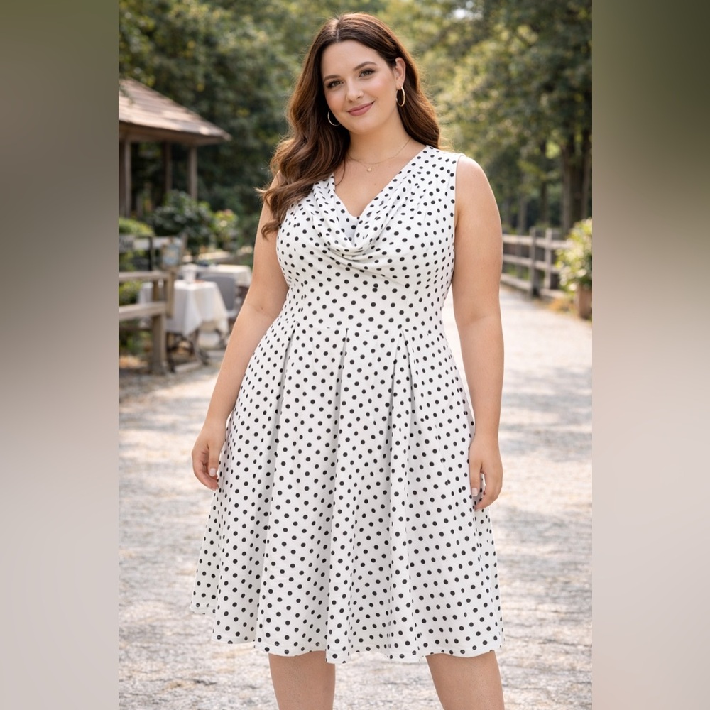 Acevog Black & White Polka Dot Dress Size Large Pleated Fit & Flare Midi